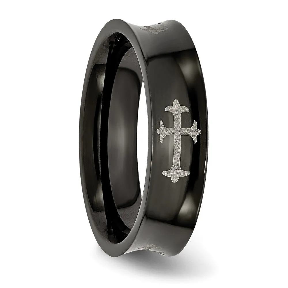 6mm Stainless Steel Black Plated & Polished Cross Concaved Band