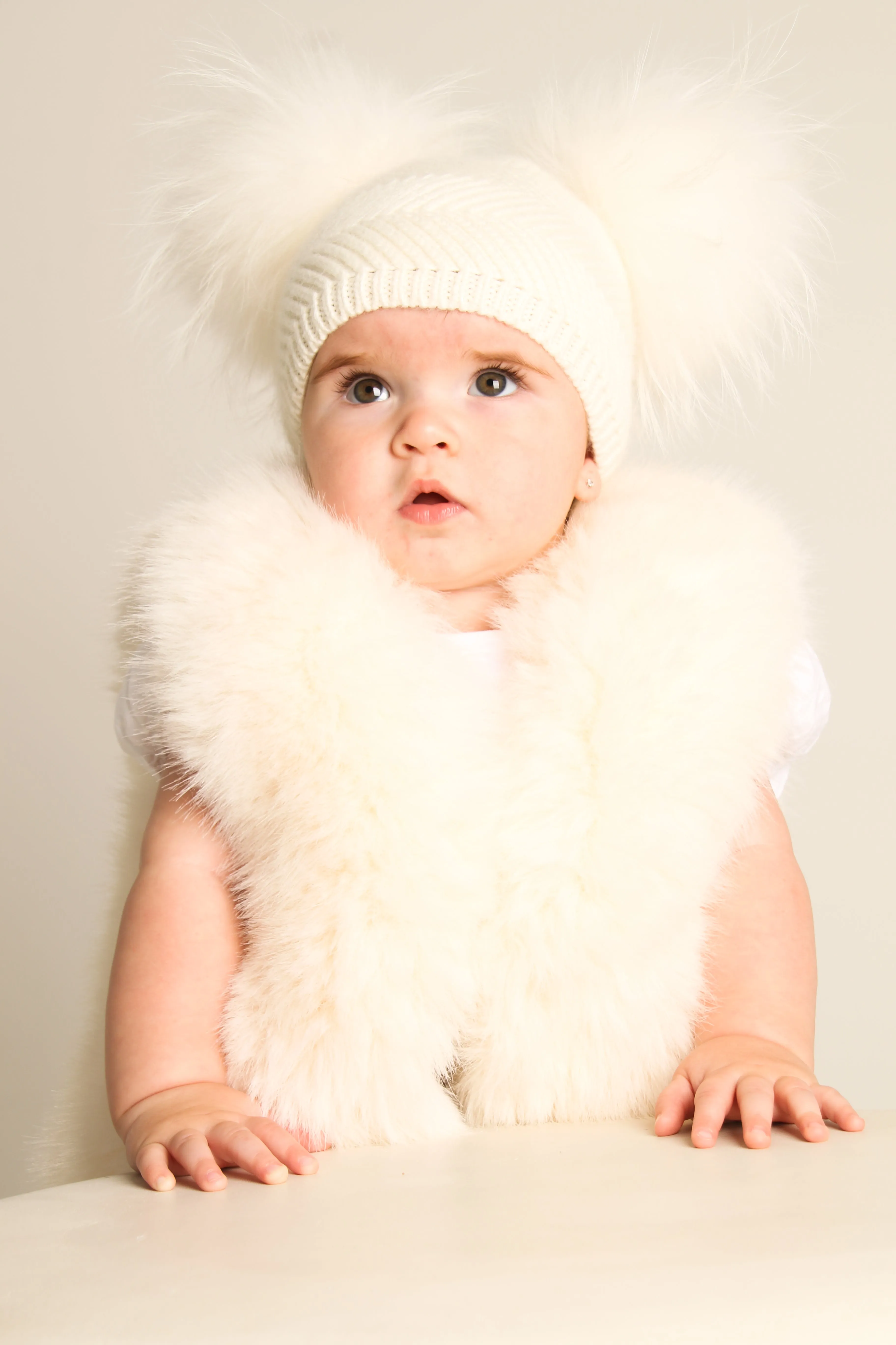 Baby Cream Double Raccoon Fur Pom Pom Hat