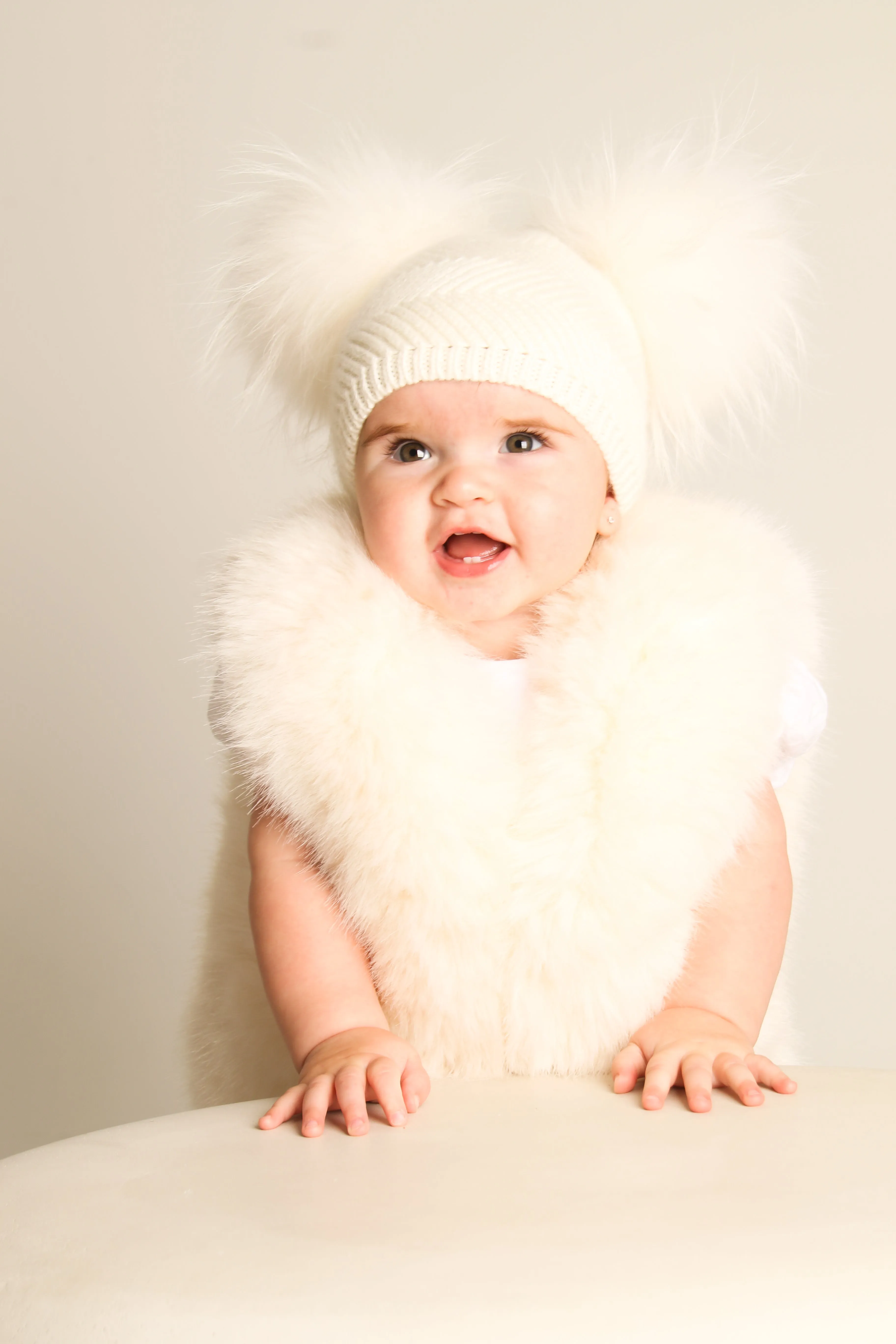 Baby Cream Double Raccoon Fur Pom Pom Hat