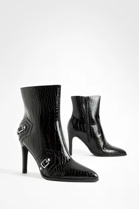 Croc Stud Detail Stiletto Ankle Boots