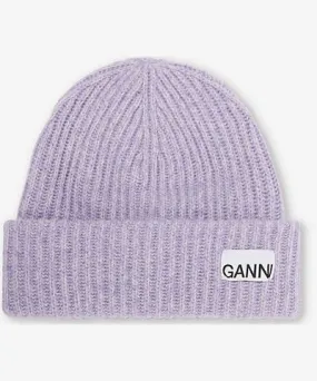 Ganni Womens Lavender Blue Logo-patch ribbed-knit wool beanie hat