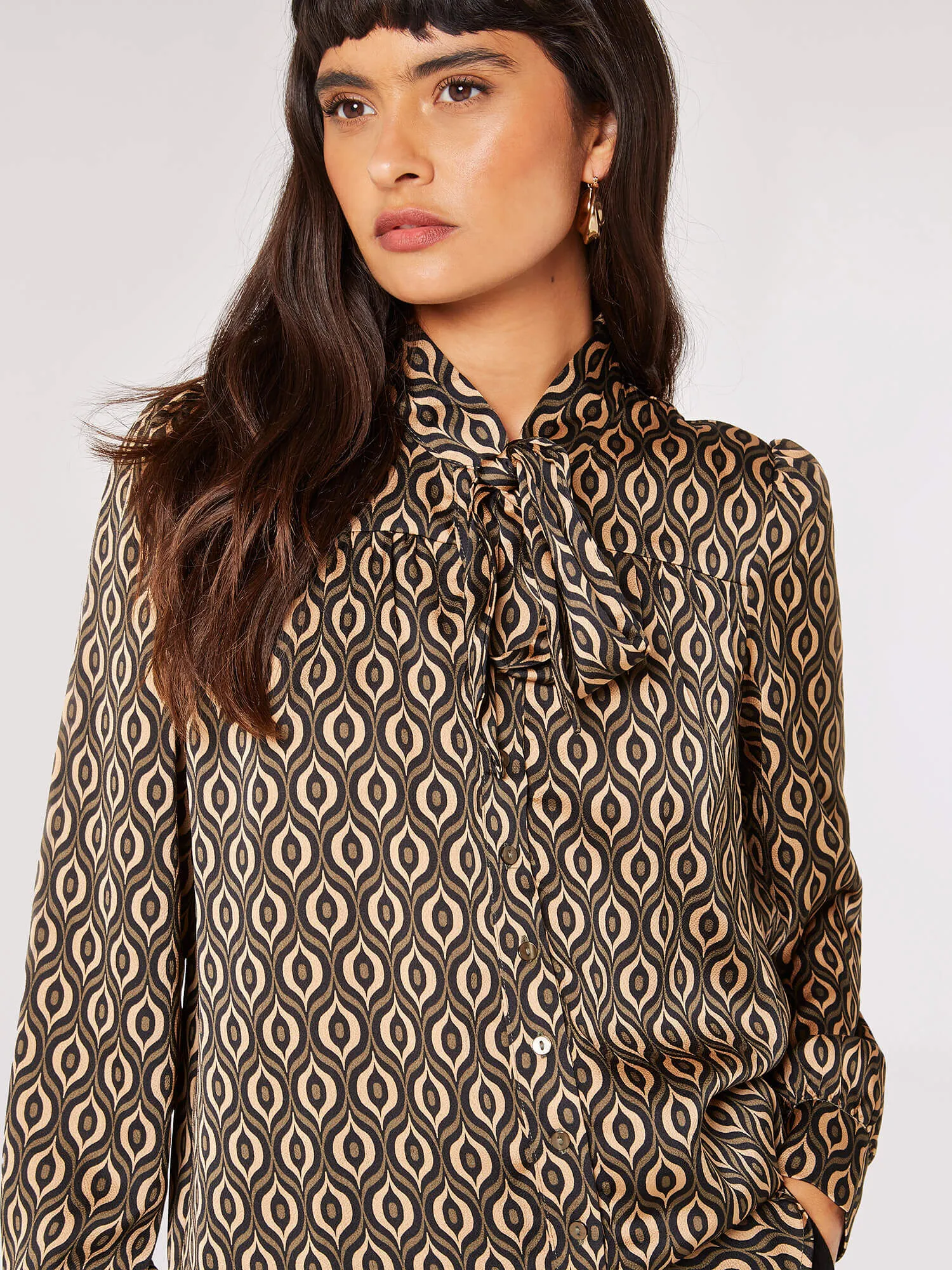 Geometric Tie Neck Satin Shirt | Apricot Clothing