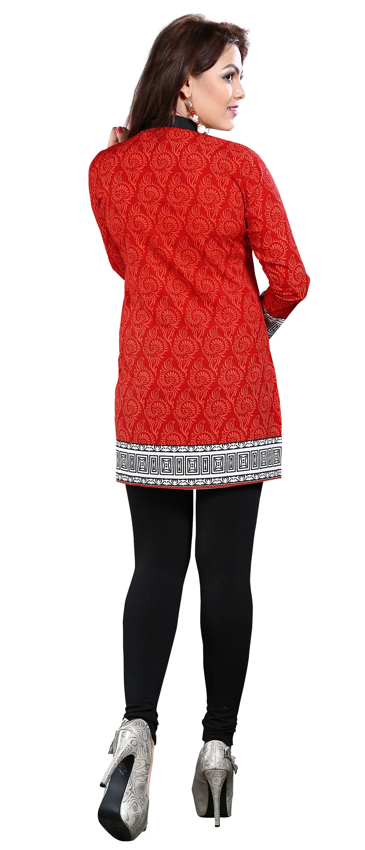 India Tunic Top Long  Kurti Womens Printed Indian Clothing (Red)