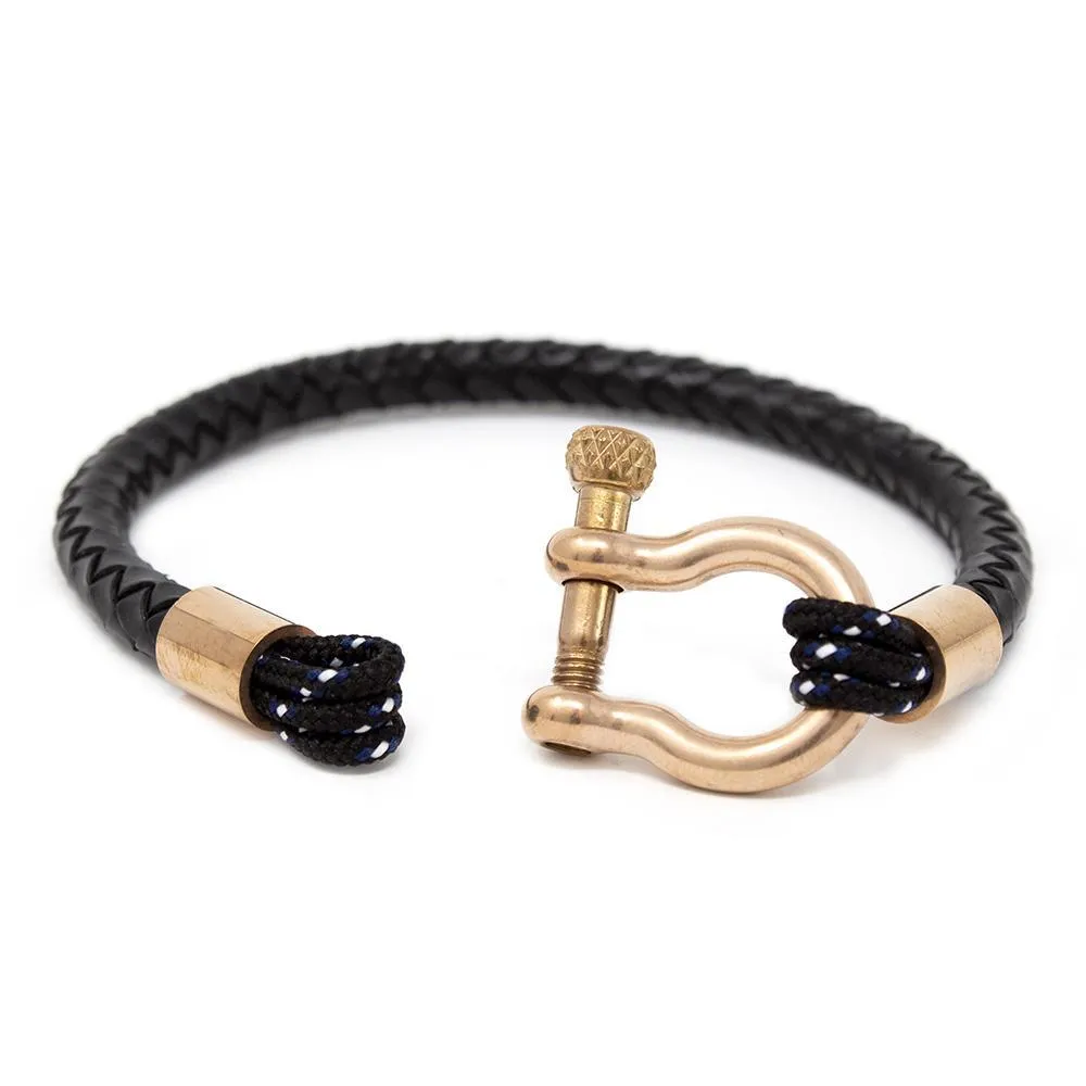 Men's Braided Leather Bracelet with Rose Gold T Shackle Black Medium