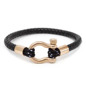 Men's Braided Leather Bracelet with Rose Gold T Shackle Black Medium