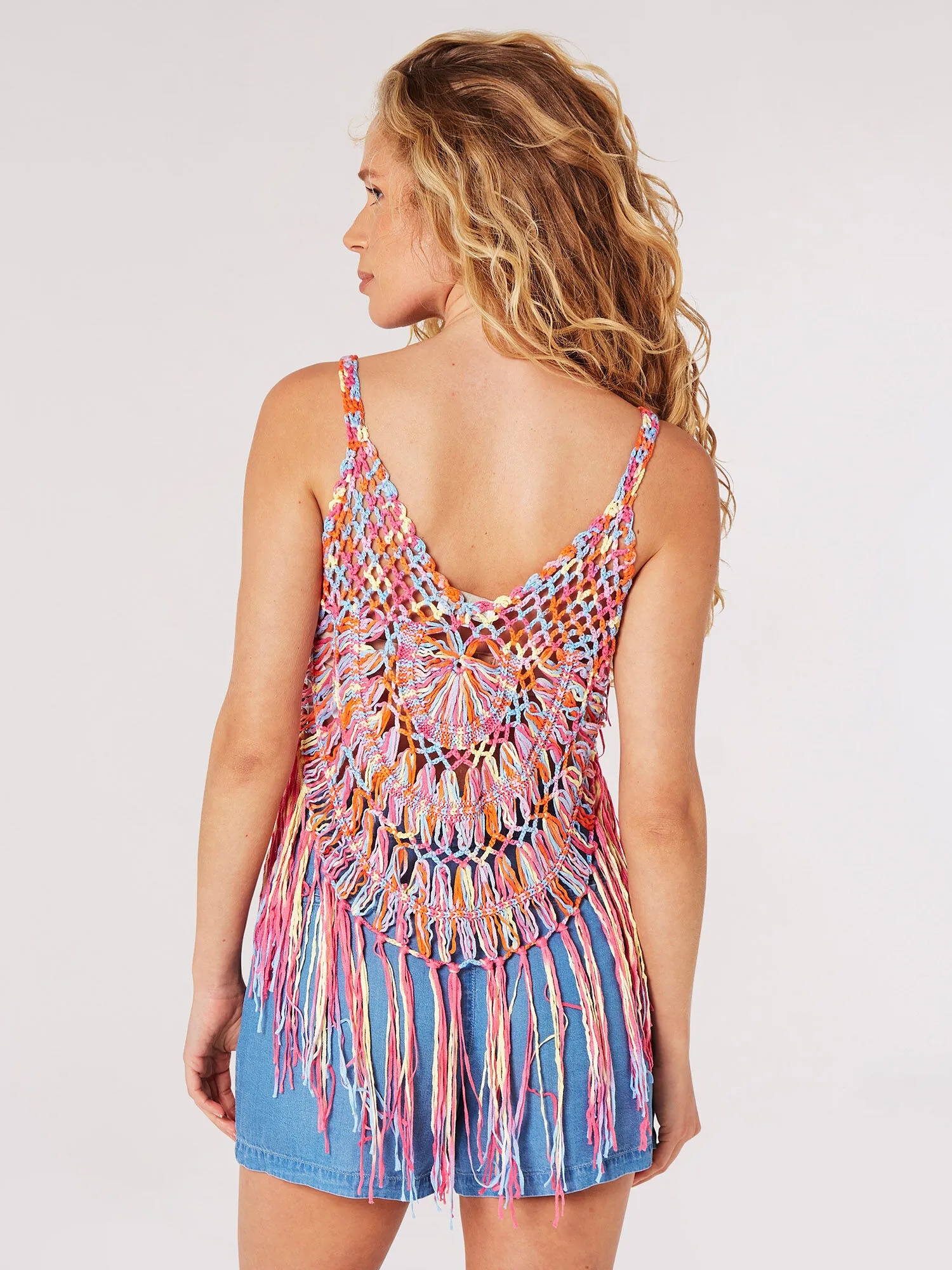 Multi-Coloured Crochet Fringe Camisole Top | Apricot Clothing