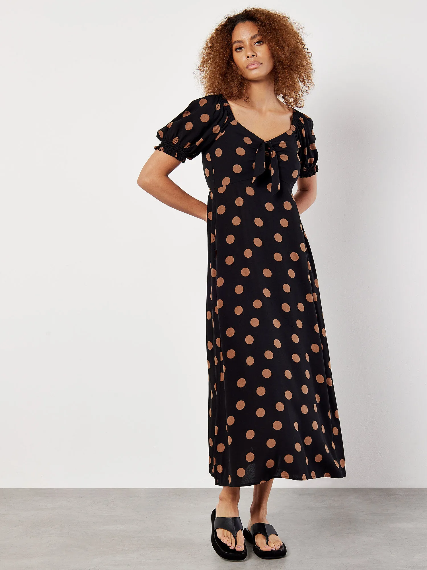 Polka Dot Bow Detail Midi Dress | Apricot Clothing