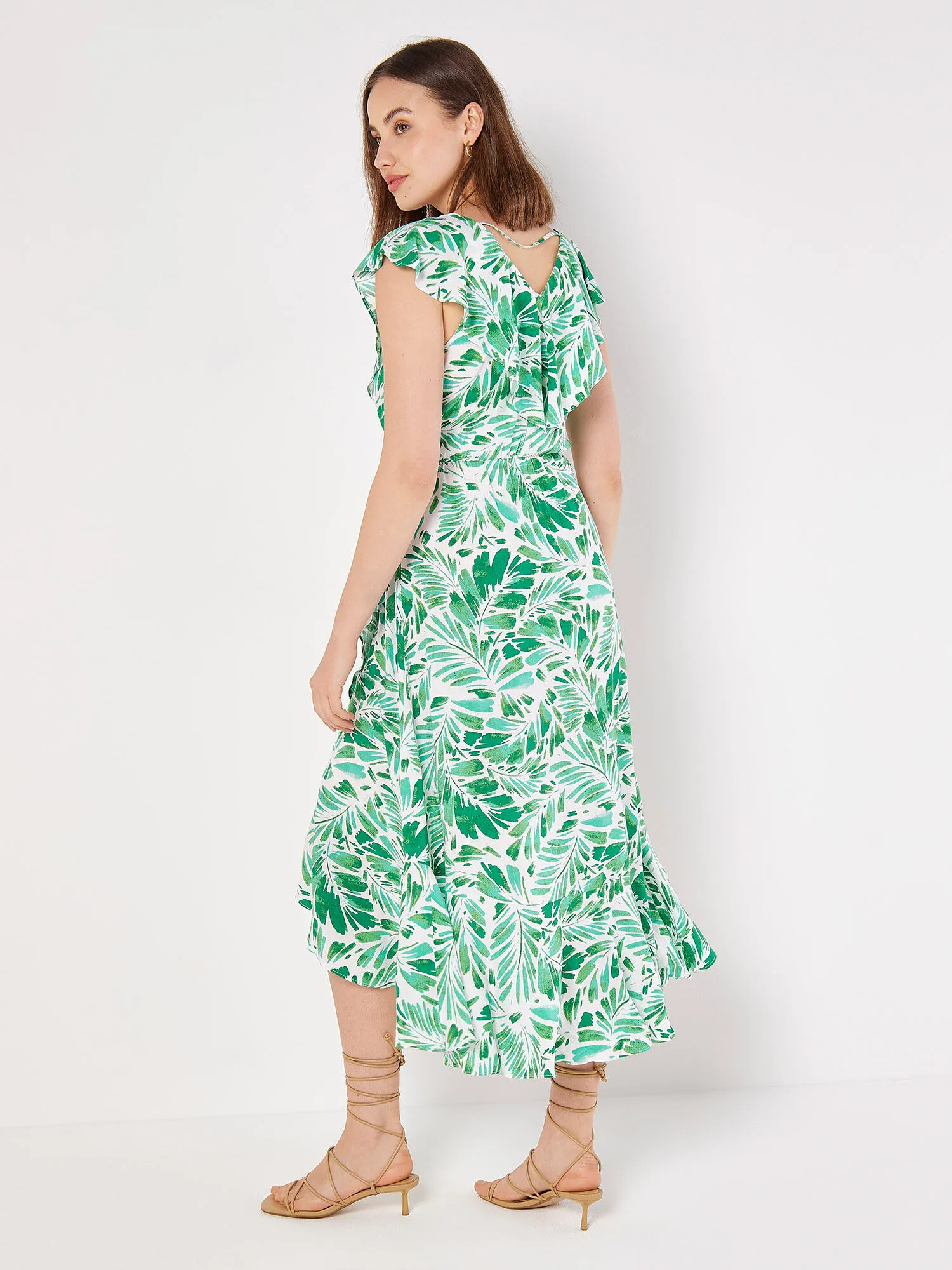 Tropical Leaf Ruffle Wrap Midi Dress | Apricot Clothing