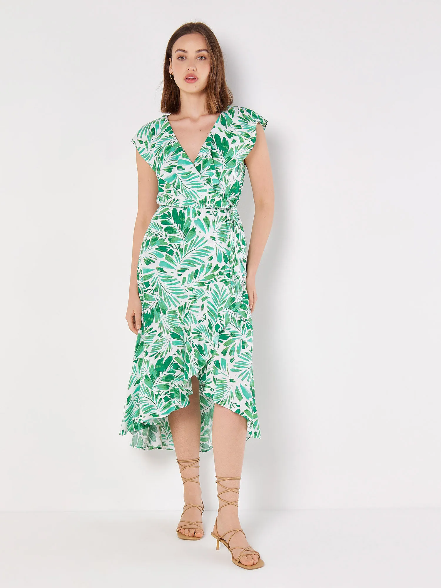 Tropical Leaf Ruffle Wrap Midi Dress | Apricot Clothing